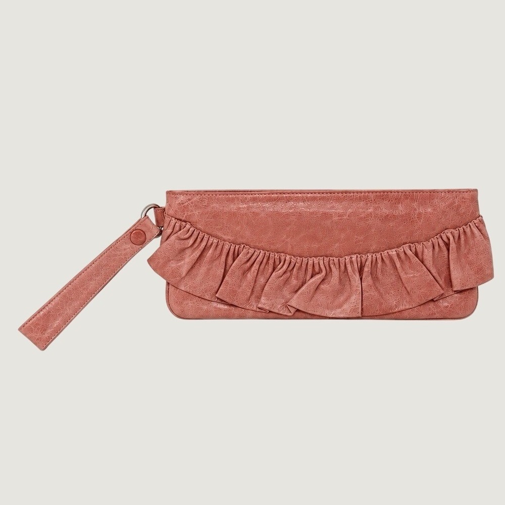 Hobo International Pink Leather Ruffle Wristlet Clutch Bag Y2K Boho Romantic